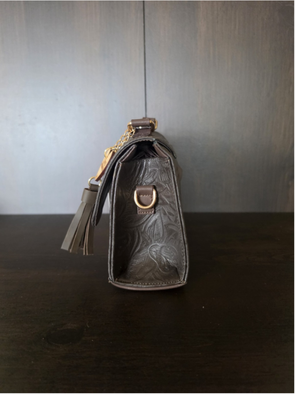 Dark Chocolate Brown Sunflower Embossed Tooled Artisan Leather Crossbody Bag - Picture 7 of 16